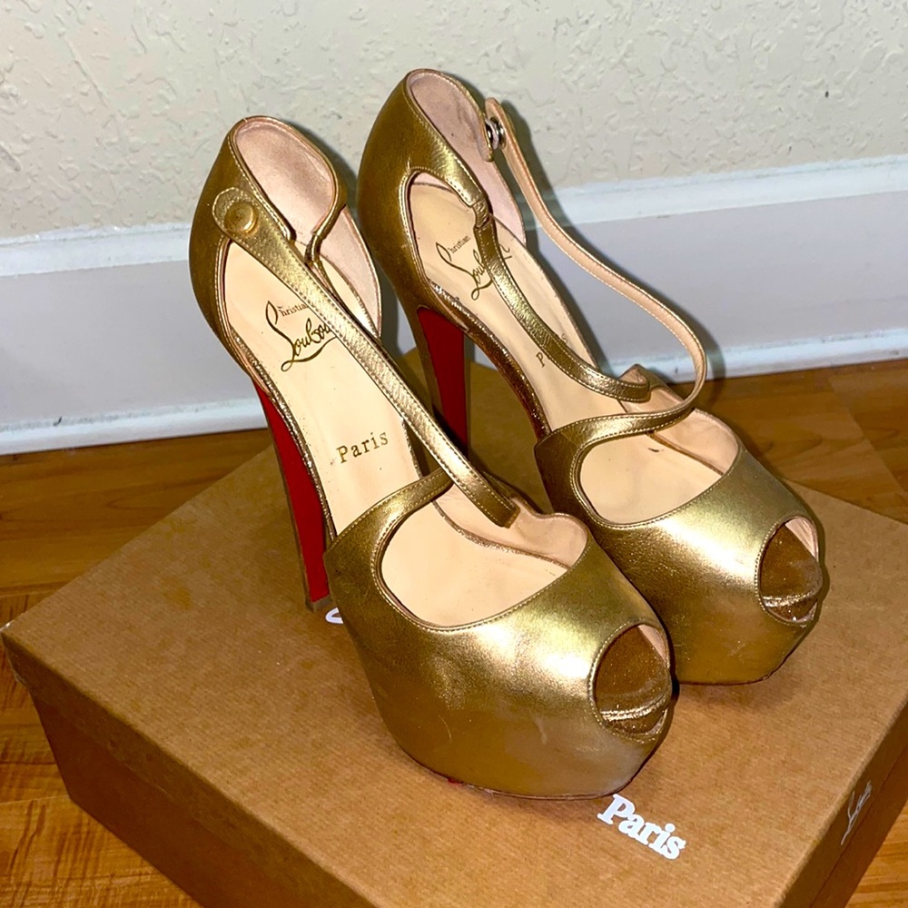 CHRISTIAN LOUBOUTIN EXAGONA GOLD GLITTER HEELS
